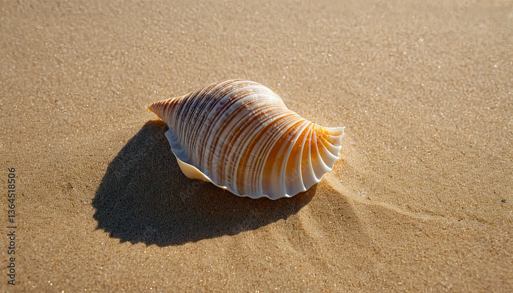 Close-up of spiral seashell on smooth golden sand casting a soft shadow in warm sunlight – minimal tropical nature scene perfect for beach decor, travel, and relaxation themes Close-up of spiral seashell on smooth golden sand casting a soft shadow in warm sunlight – minimal tropical nature scene perfect for beach decor, travel, and relaxation themes