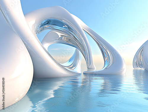 Abstract futuristic landscape with smooth white structures reflecting in calm water under a blue sky