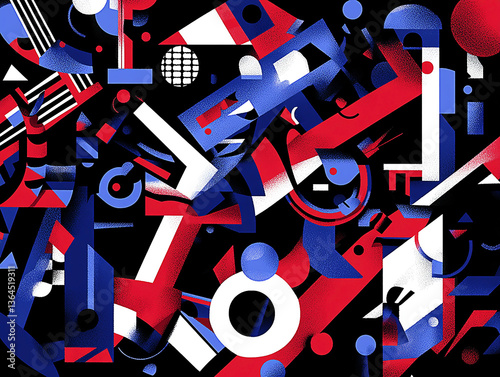 Abstract geometric composition featuring vibrant red, blue, and white shapes on a black background