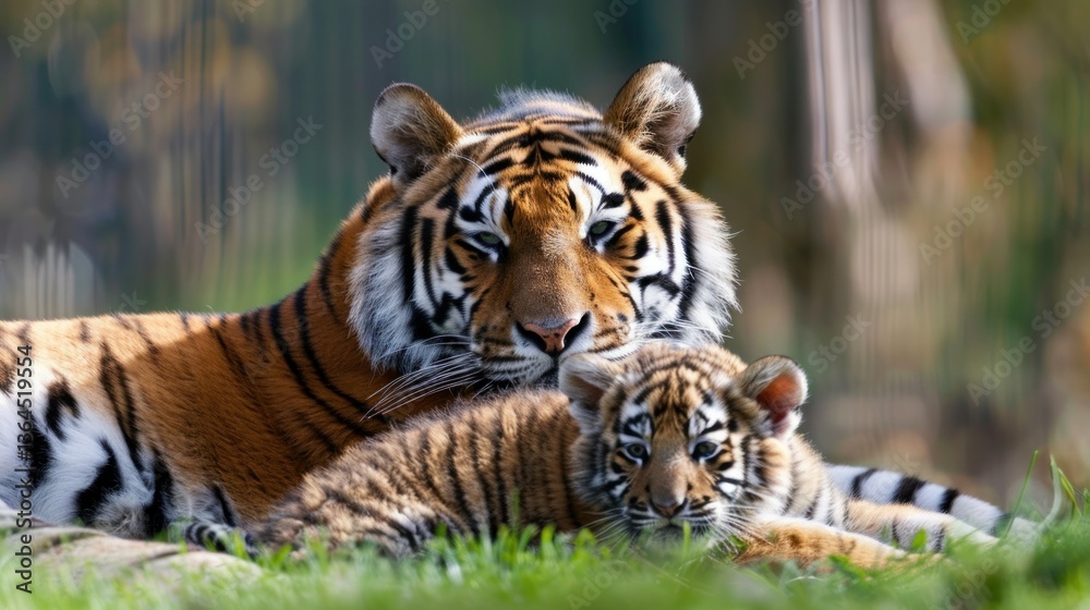 Obraz premium A baby tiger cub cuddling with its mother.