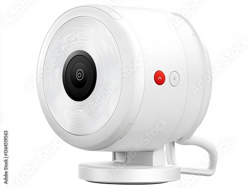 White camera with lens and red button, mounted on a stand, against a white background