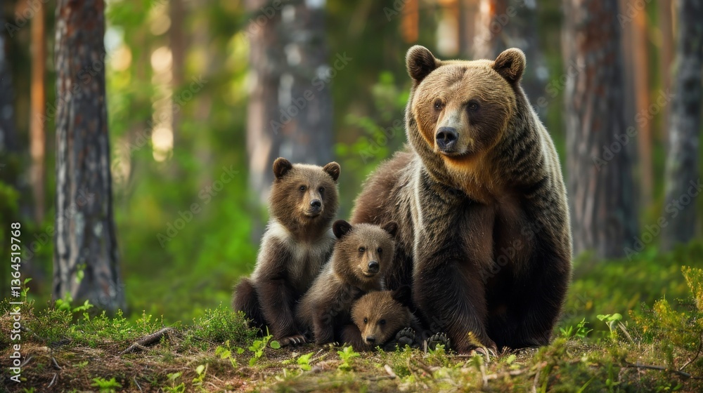 Obraz premium A mother bear with her cubs in a forest.