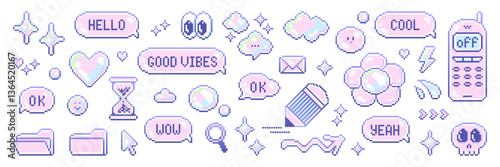 Pixel art speech bubble and element asset pack. Retro pastel aesthetics dialogue box and retro game style vector illustration. Y2k 8-bit pixelated icon set.
