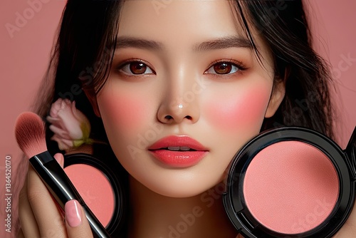 Playful ASEAN woman trying on different blush shades, rosy cheeks, isolated.