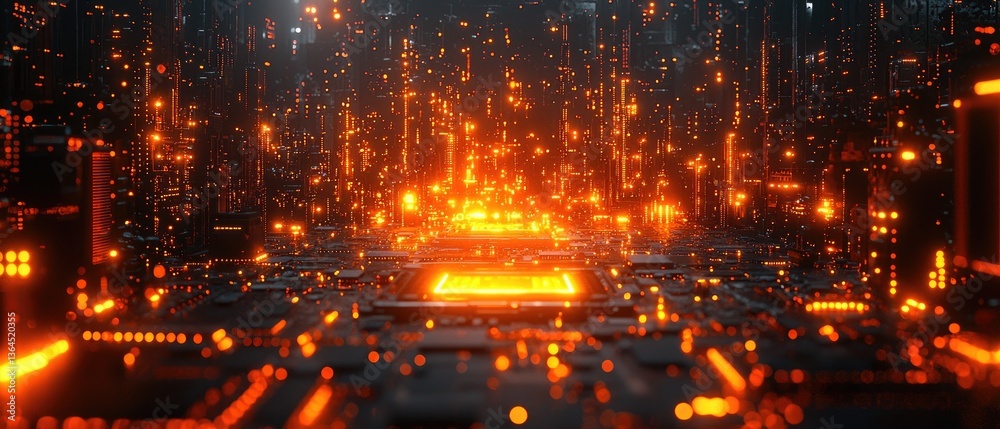 Fototapeta premium Abstract digital city, glowing orange, futuristic