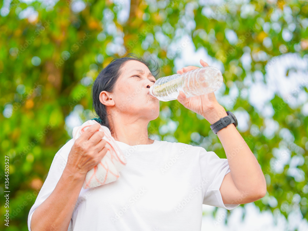 Active senior Asian woman enjoys refreshing drink of water during outdoor workout in summer. People embraces wellness lifestyle, focus on healthy aging and self-care, happiness detox health lifestyle Active senior Asian woman enjoys refreshing drink of water during outdoor workout in summer. People embraces wellness lifestyle, focus on healthy aging and self-care, happiness detox health lifestyle