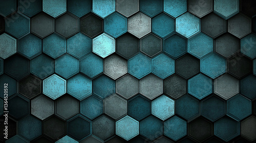 Abstract geometric pattern of hexagonal tiles in varying shades of blue and gray