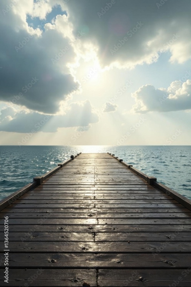 Fototapeta premium Tranquil Wooden Pier Extending Towards a Serene Ocean Under a Cloudy Sky