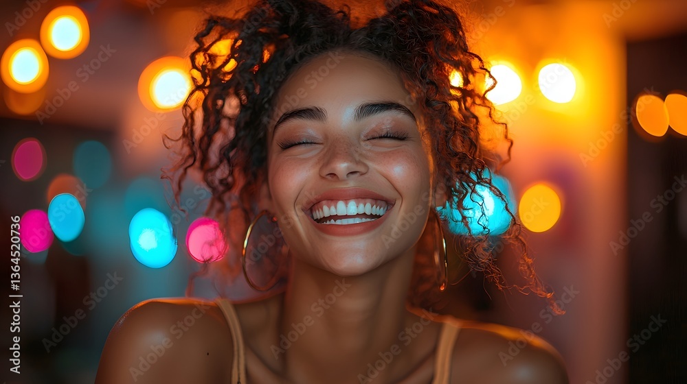 Joyful woman, smiling, night lights, bokeh background Joyful woman, smiling, night lights, bokeh background