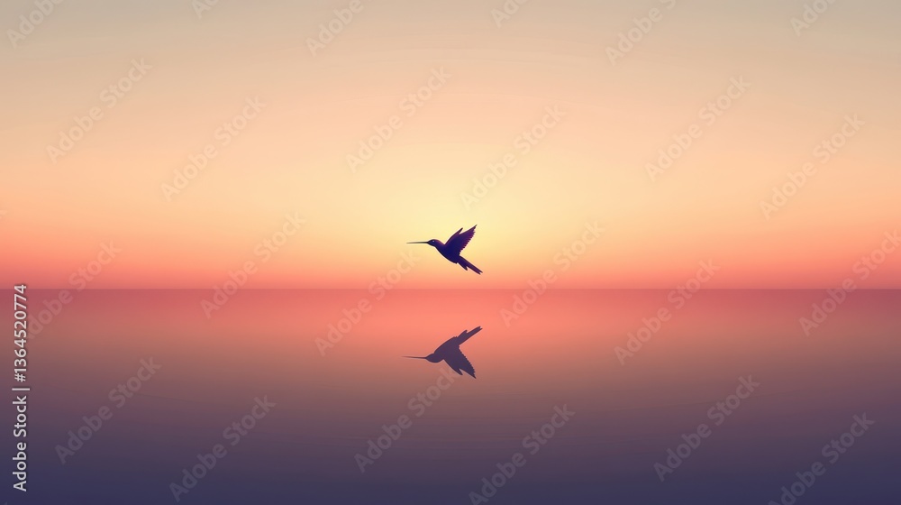 Fototapeta premium Hummingbird Sunset Silhouette Reflection.
