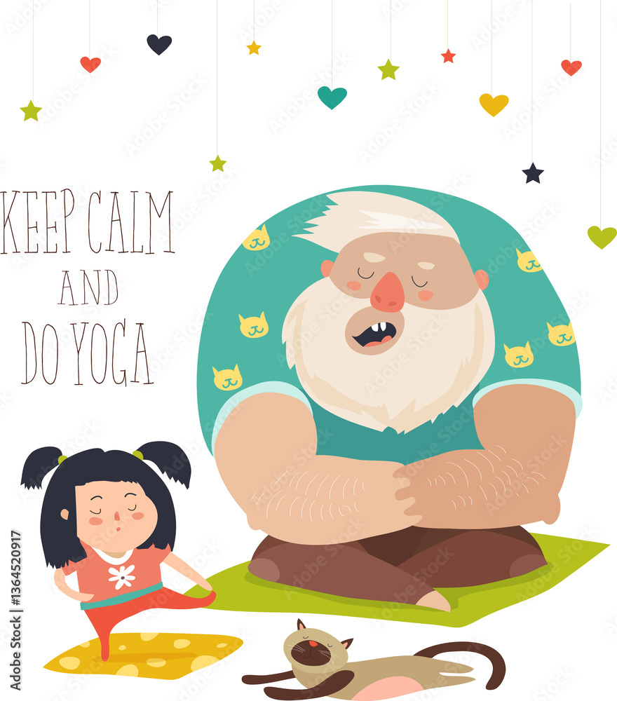 Father with daughter practice yoga. Vector illustration