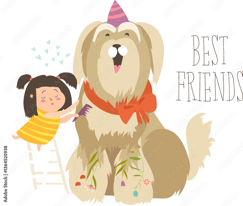 Young lady combing a dog. Vector illustration