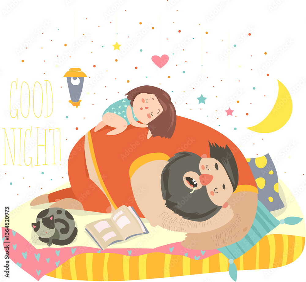 Funny illustration with cute little girl daughter and her dad sleeping. Family concept.