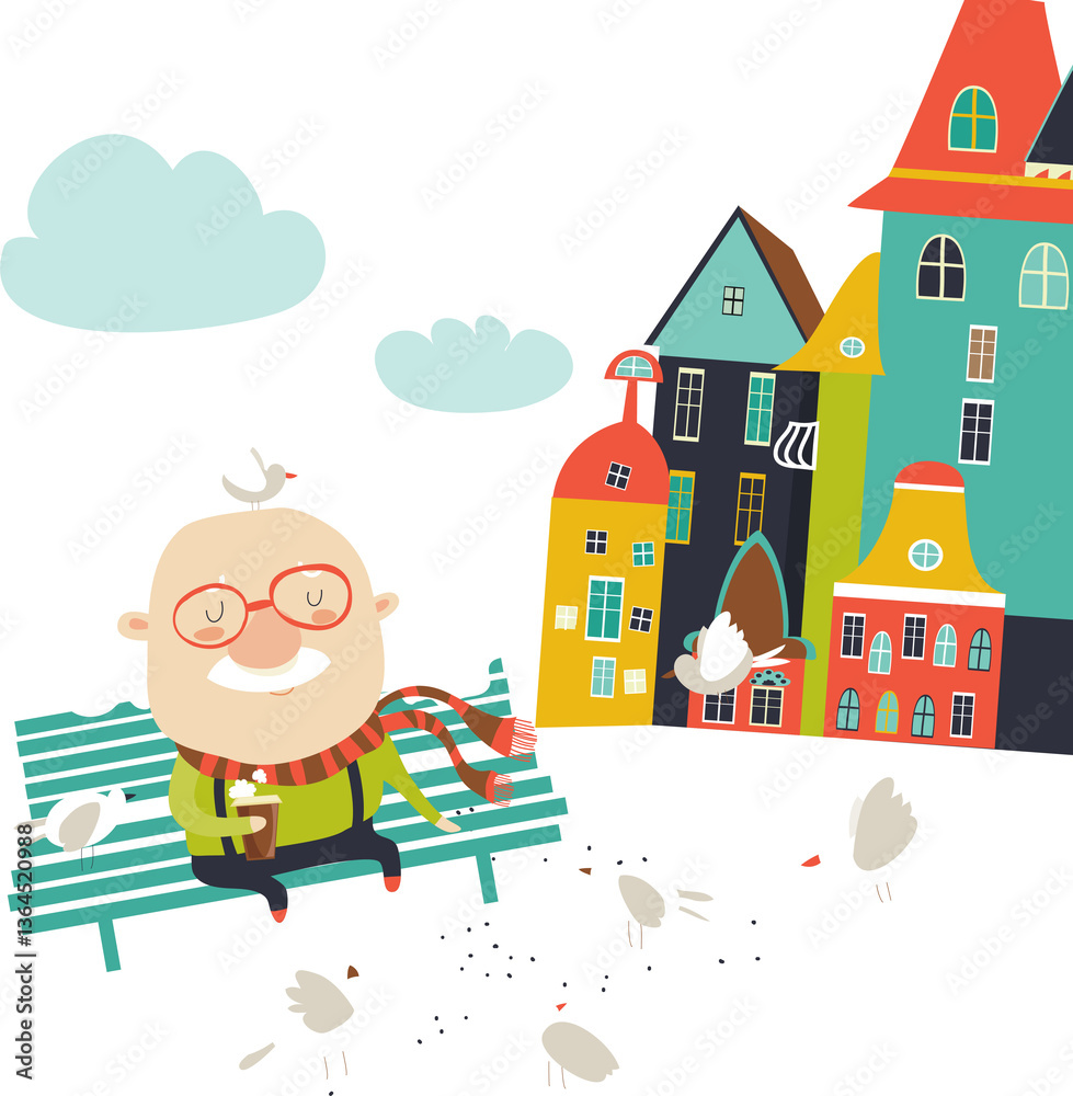 Old man feeding pigeons. Vector flat illustration