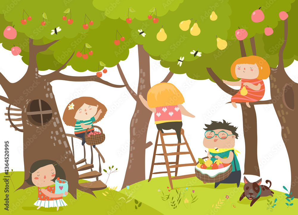 Happy children harvesting. Happy summer. Vector illustration