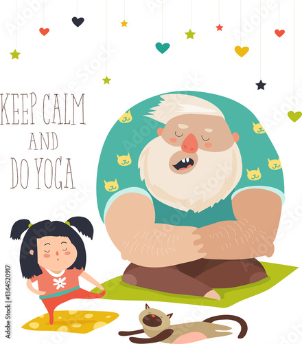 Obraz na płótnie Father with daughter practice yoga. Vector illustration w salonie