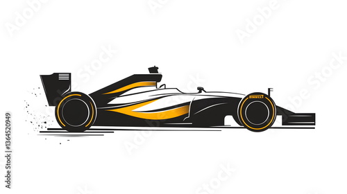 A minimalist black and white logo of an F1 car, featuring a sleek and aerodynamic design with open wheels and a large rear wing. The simple line drawing includes a bright yellow accent for contrast on