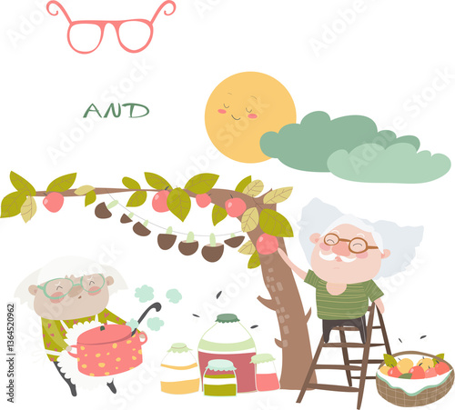 Happy grandparents farming in garden. Vector cartoon illustration