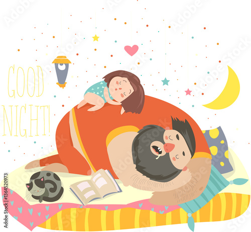 Obraz na płótnie Funny illustration with cute little girl daughter and her dad sleeping. Family concept. w salonie