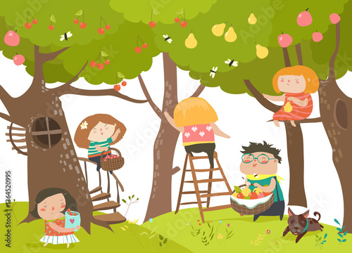 Obraz na płótnie Happy children harvesting. Happy summer. Vector illustration w salonie