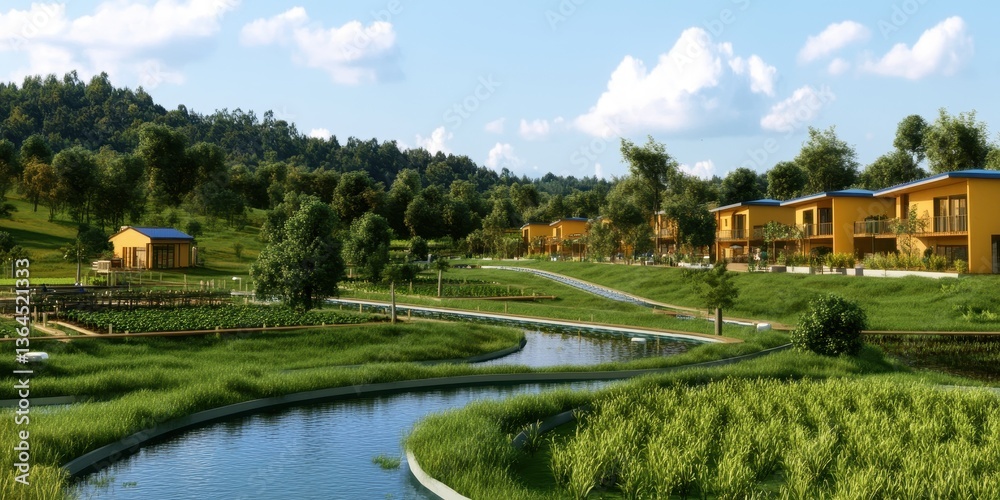 Obraz premium A self-sustaining eco village with renewable energy, organic farms, and a focus on community living and sustainability.