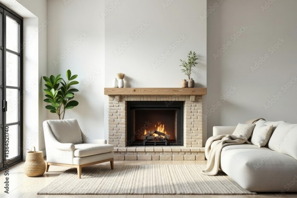 Fototapeta premium Modern minimalist living room interior design featuring a cozy fireplace and comfortable seating