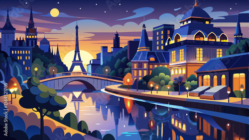 Seine River reflecting the lights of Paris at twilight