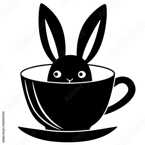 Bunny peeking out of a teacup silhouette vector illustration 