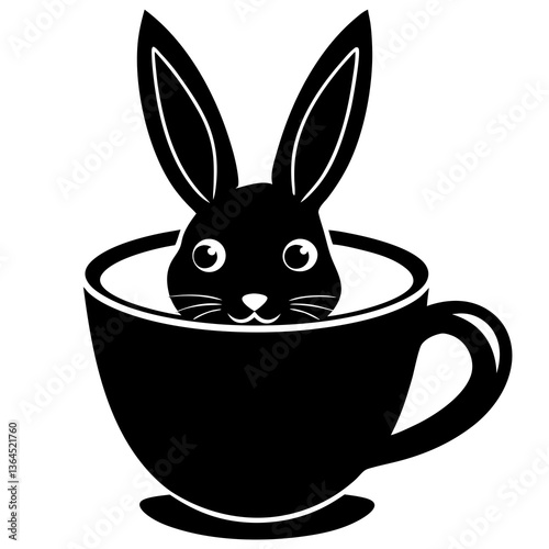 Bunny peeking out of a teacup silhouette vector illustration 