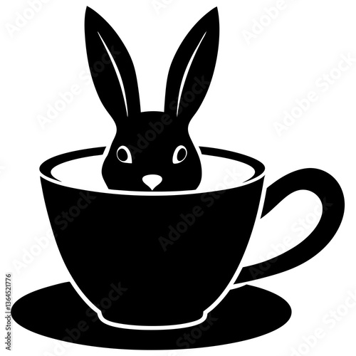 Bunny peeking out of a teacup silhouette vector illustration 