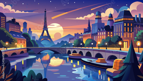 Seine River reflecting the lights of Paris at twilight