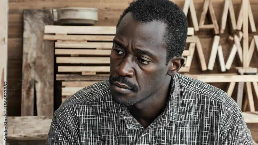 African adult man in a plaid shirt focused inside a woodworking shop with stacked lumber African adult man in a plaid shirt focused inside a woodworking shop with stacked lumber