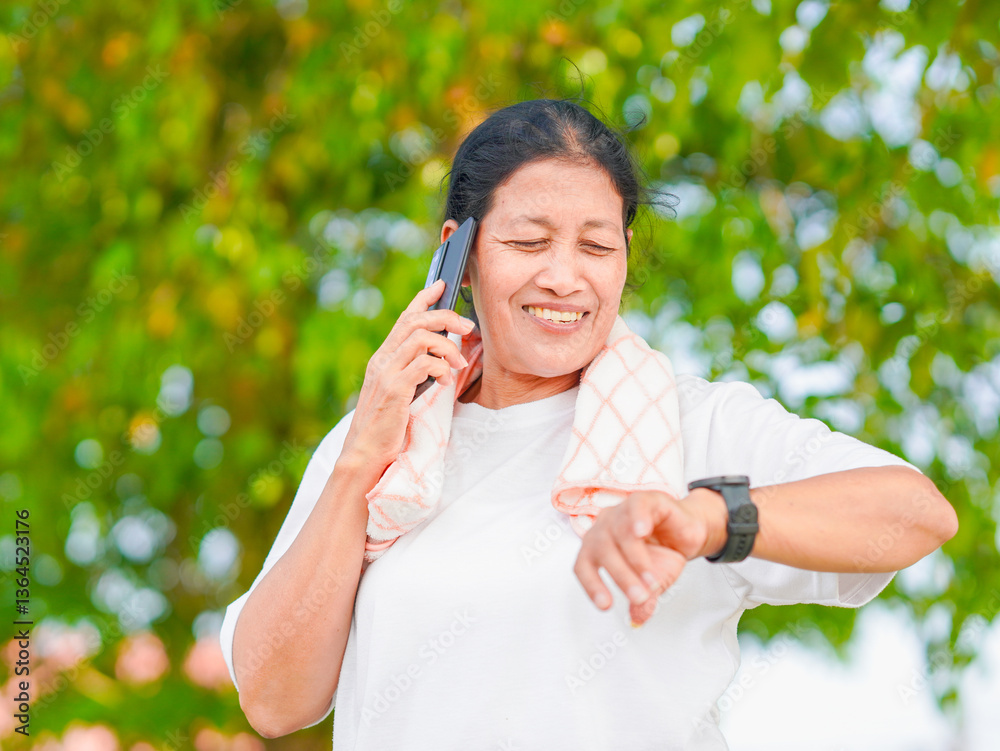senior woman enjoying an outdoor workout, smiling while using mobile phone, smartwatch. Embracing wellness lifestyle, focuses on digital health and self-care, staying active happiness aging technology senior woman enjoying an outdoor workout, smiling while using mobile phone, smartwatch. Embracing wellness lifestyle, focuses on digital health and self-care, staying active happiness aging technology