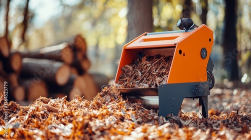 Electric wood chipper processing branches into mulch outdoors