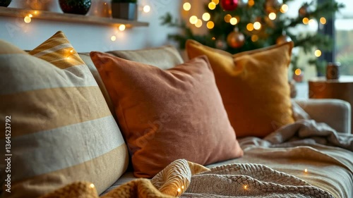 Cozy living room ambiance with soft pillows and festive christmas decorations in warm lighting