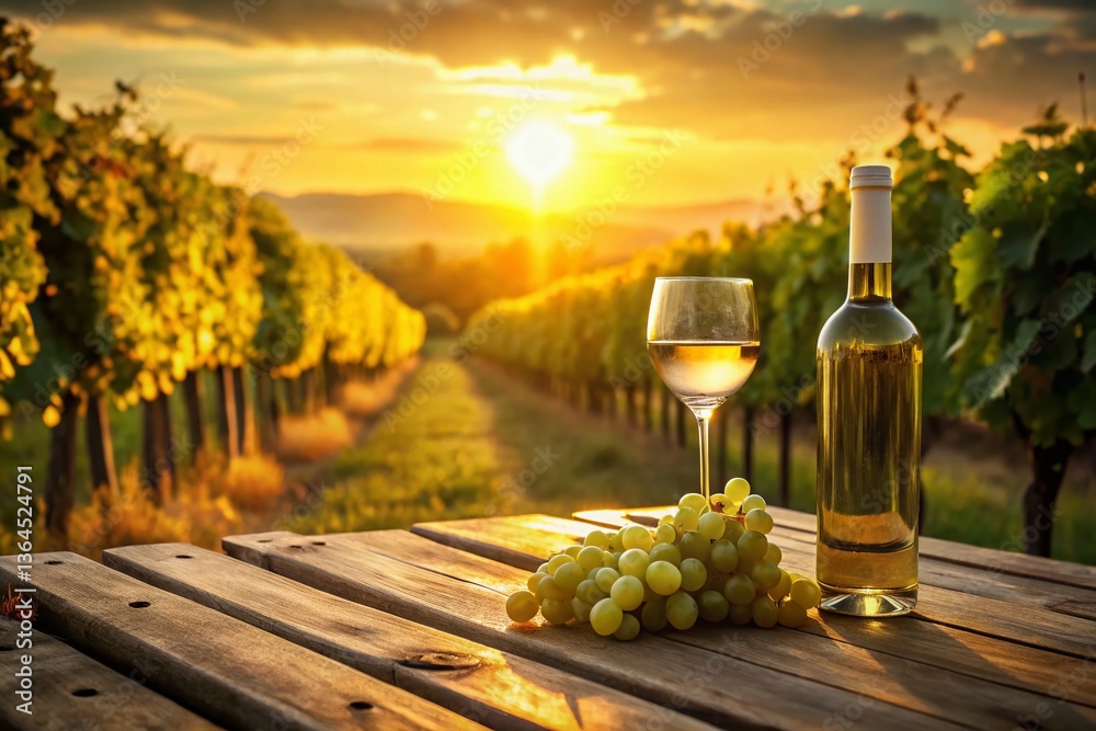 Fototapeta premium Sunset Vineyard Wine Tasting: Glass of White Wine, Bottle & Grapes on Rustic Wood Table