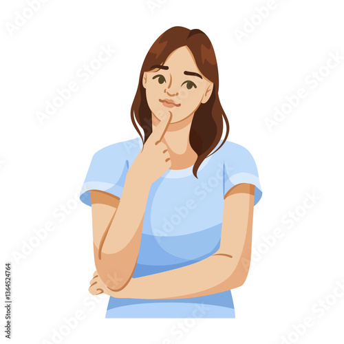 Young woman with brown hair wearing a blue shirt, thinking with her hand on her chin. White background. Concept of decision-making and curiosity. Vector illustration