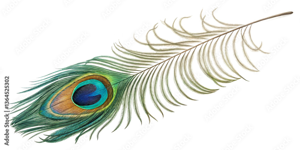 Fototapeta premium A Stunning Closeup of a Single Vibrant Peacock Feather Isolated on Black Background