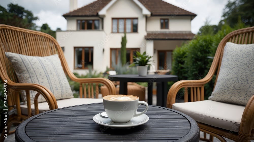 cup of coffee on table, comfortable rattan chairs, seating area against the backdrop of the house cup of coffee on table, comfortable rattan chairs, seating area against the backdrop of the house