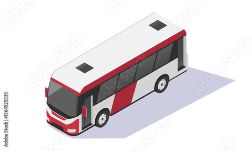 Isometric white and red bus with large windows and modern design on a white background. Concept of public transportation and travel. Vector illustration