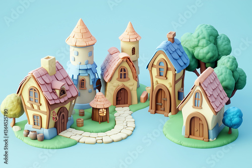 A stylized 3D village neighborhood with multiple pastel houses, winding paths, and trees in a charming scene. A whimsical diorama medieval community, tranquility, and cozy small-town life.
