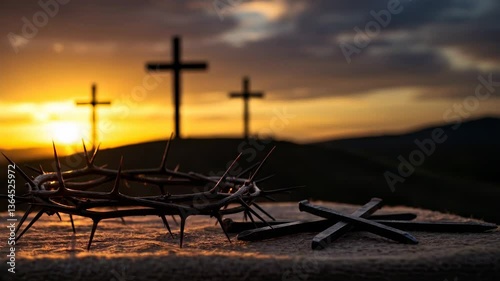 Crown of thorns and nails with three crosses at sunset