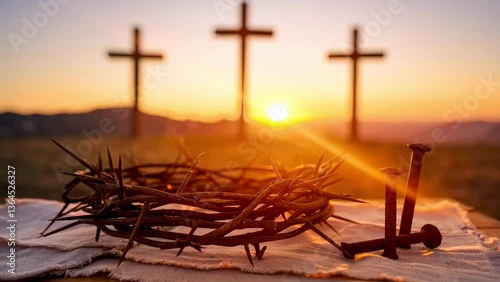 Crown of thorns and nails with three crosses at sunset