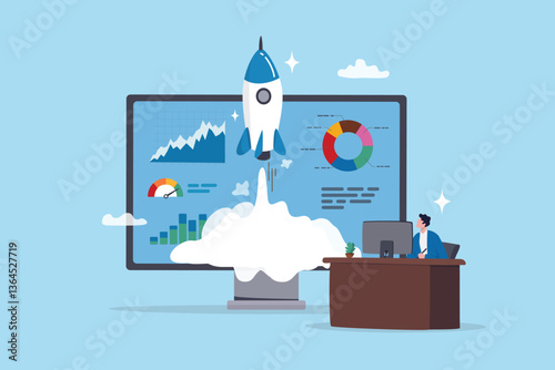 Start online business, website analytics, building internet e-commerce, marketing optimization dashboard chart diagram, smart online strategy, businessman working with computer launch website rocket.