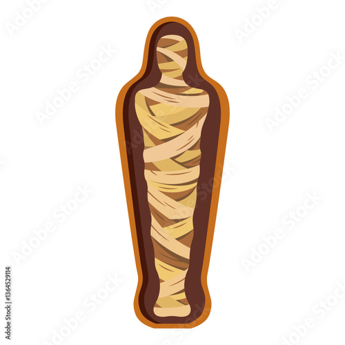 Ancient Egyptian mummy wrapped in bandages inside an open sarcophagus on a white background. Historical burial concept. Vector illustration