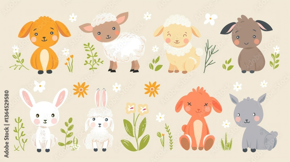 Fototapeta premium Colorful vector art of baby animals, including a lamb and a bunny.