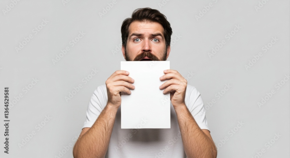 Man holding blank paper. surprised expression. Man holding blank paper. surprised expression.