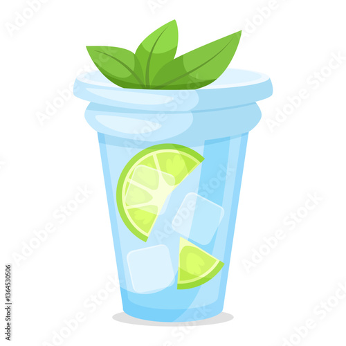 Cold beverage with ice cubes, lime slices, and mint leaves in a blue glass on a white background. Concept of refreshment and summer. Vector illustration