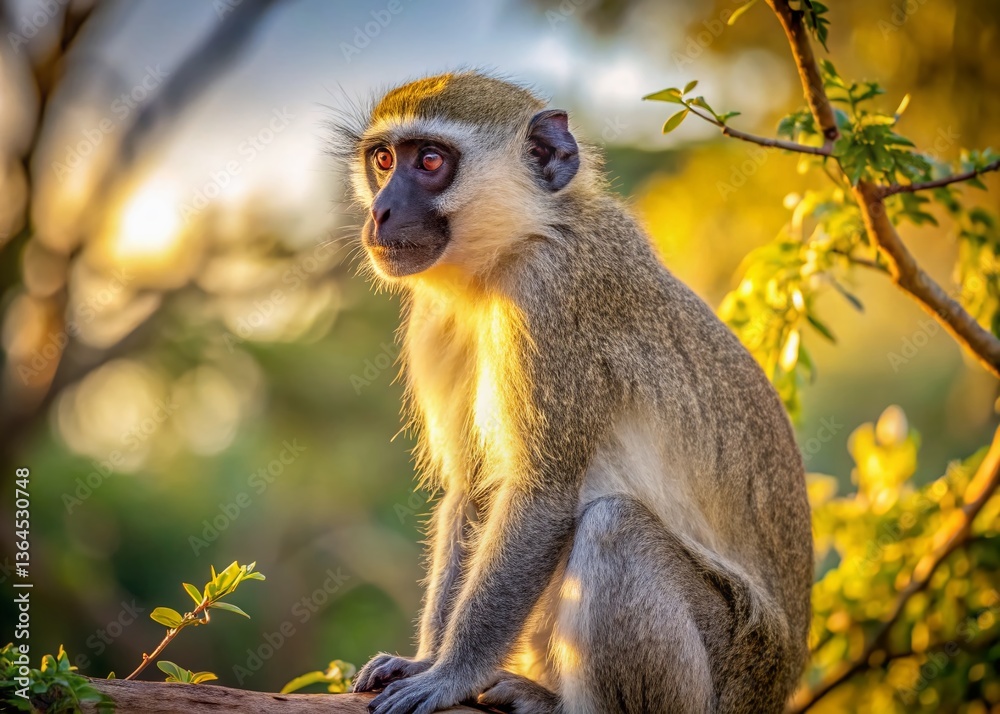 Fototapeta premium Vervet Monkey Silhouette in Tree, Minimalist Wildlife Photography