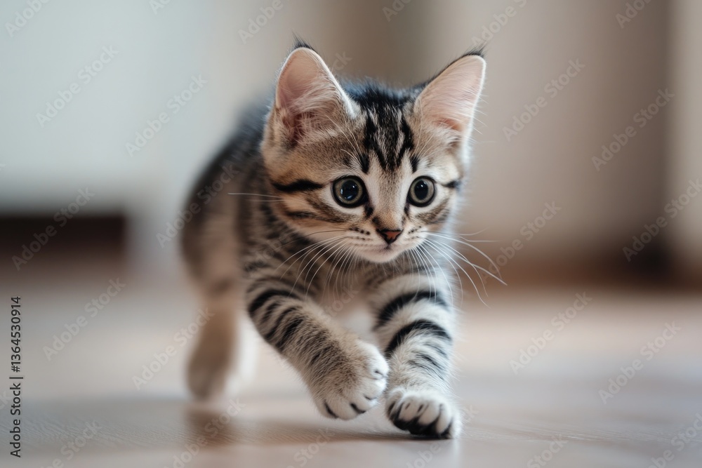 A small kitten walks across a wooden floor A small kitten walks across a wooden floor